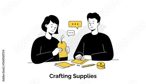 Young adults collaborating on crafting project using various supplies at a table. Focused interaction with craft supplies in a simple setting.