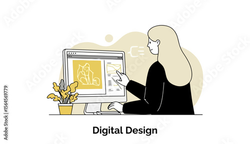 Female graphic designer in a black blazer working on a computer in a home office setting. Woman interacts with a digital design on a computer screen with a professional, focused pose.