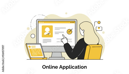 Young woman in business attire completing an online job application at a computer in an office setting. Female applicant reviewing online application forms in a modern work environment.