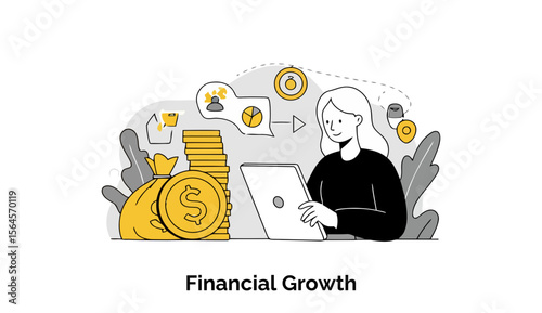 Young woman in casual attire working on financial growth strategy at home office. Smiling and focused on laptop with stacks of coins and money bag in the background.