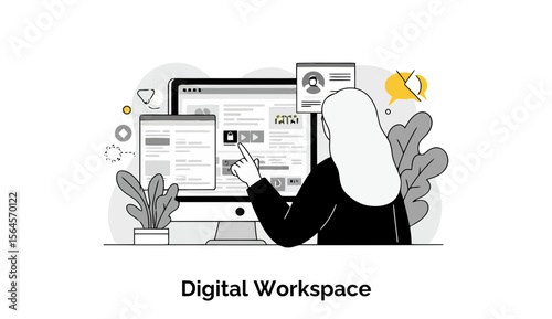A female professional in a hijab interacting with a computer screen displaying digital workspace elements in a modern office setting. A woman in professional attire, pointing at a digital workspace.