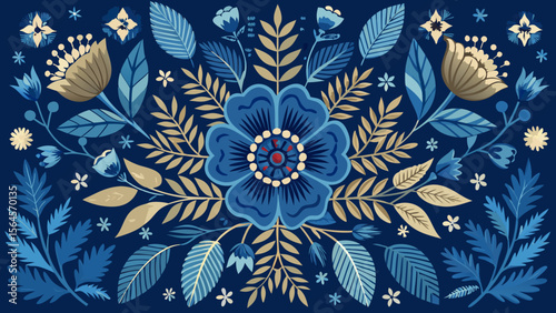 Stylized folk art floral pattern with blue flowers and leaves on dark blue