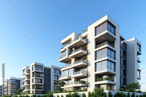 Architecture and real estate, residential apartment building with large panoramic windows, modern complex, angle view, blue sky background.