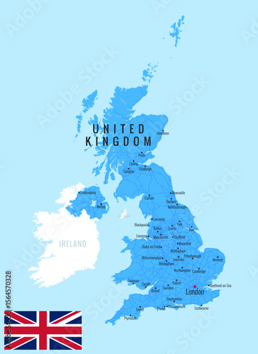 UK Map. Ultra detailed United Kingdom map with cities, main road, flat colored, and neighboring countries.