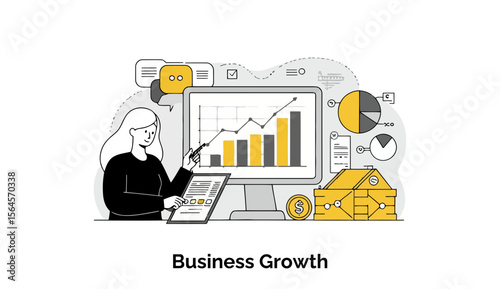 A young woman in a black professional outfit presents business growth data on a large screen with various charts and graphs. Businesswoman presenting financial projections in an office setting.