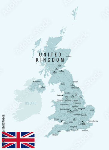 UK Map. Ultra detailed United Kingdom map with cities, main road, and neighboring countries.