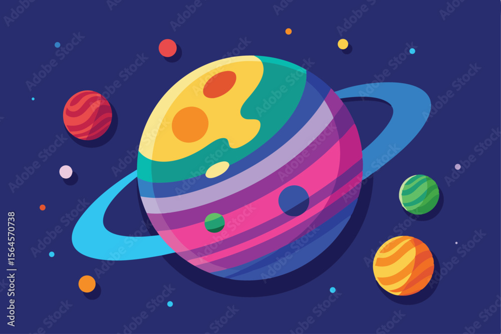 Fototapeta premium Vibrant Colorful Cartoon Planet with Rings and Moons in Space