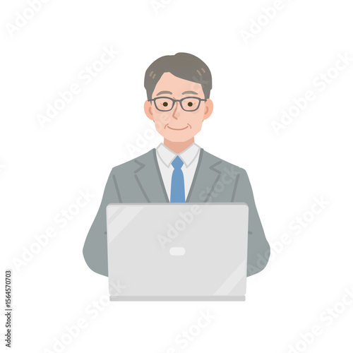 パソコンを使う中年サラリーマンのイラスト