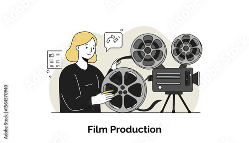 Female film production worker handling film reels in a studio setting. A woman in a black top interacting with film reels and a film projector, illustrating the process of film production.