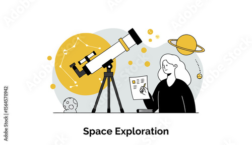 A female scientist in casual attire observing space data with a telescope in a research center. Young professional astronomer analyzing space exploration findings in a modern lab.