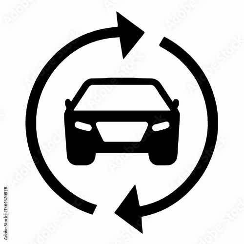 Circular arrows surround silhouette car suggesting rotation process transportation or recycling