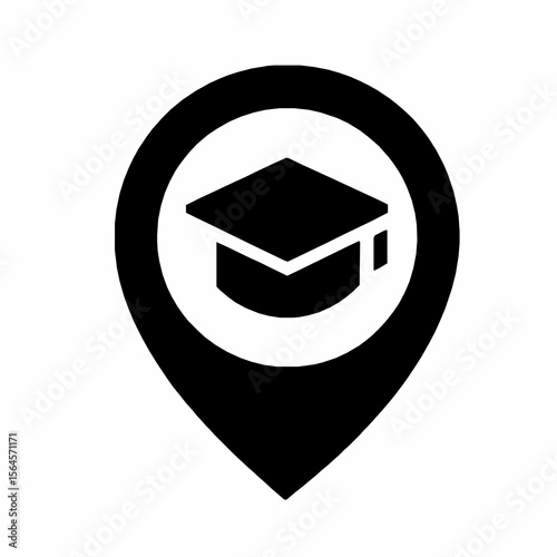 Black graduation hat inside a location marker indicating educational institutions and places
