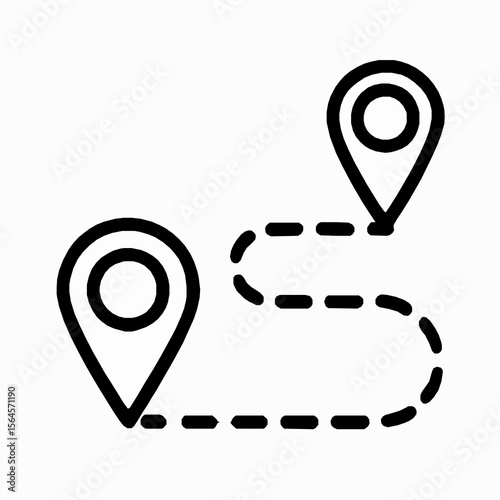 Simple illustration of a route map featuring two location markers connected by a dashed line