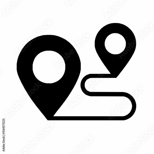Illustrative black and white vector graphic of a route marked with two location pin symbols