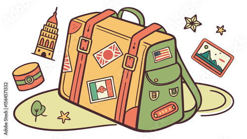 Illustration of a travel backpack with country flag patches and travel themed decorations around it