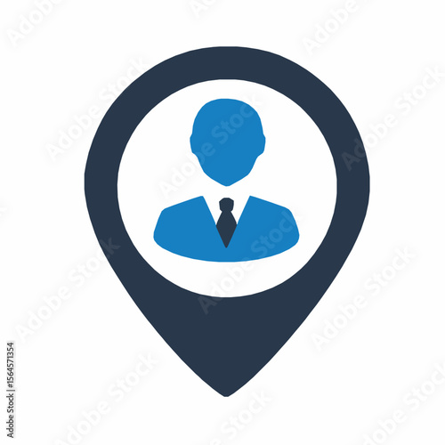 Blue business man icon in location marker illustrating location of professionals
