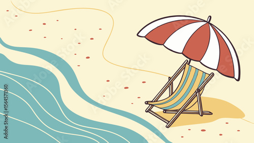 Illustration of a beach scene with a beach chair and umbrella near the ocean waves on a sunny day