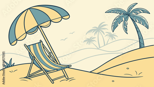 Illustration of a beach scene with a striped deck chair under an umbrella and palm trees in the background