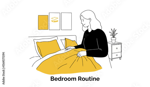 Female adult making bed in bedroom with yellow bedding and modern decor. Making bed with yellow bedding in a bedroom with modern artwork and bedside table.