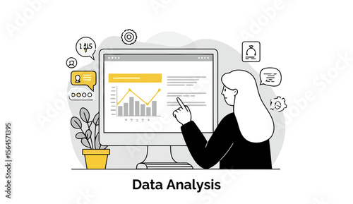 Female data analyst reviewing data analysis reports on a computer screen in a modern office setting. Examining key metrics with a focus on business improvement.