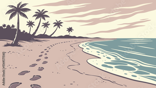 A sandy beach with palm trees and footprints leading towards the ocean under a cloudy sky landscape