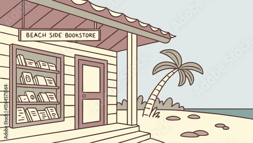 Illustration of a beach side bookstore with books on display and a palm tree near the ocean view landscape