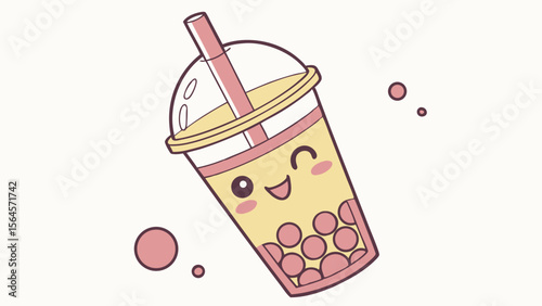 Illustration of a kawaii bubble tea drink with a straw and tapioca pearls and a winking smiley face