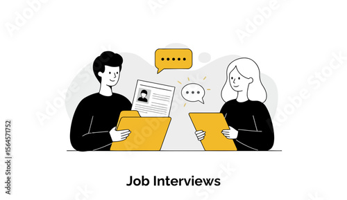 Job interview of two young adults in casual clothing, sitting in an office-like setting. Focused interaction between the candidates and the interviewer, with a resume/application document in view.