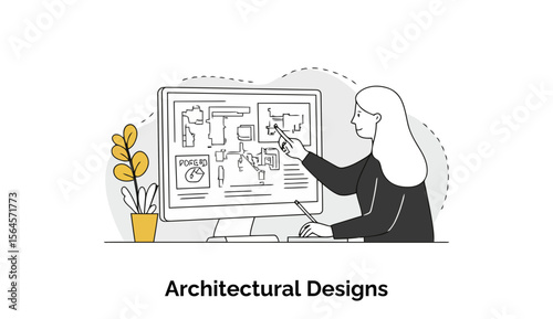 Female architect reviewing architectural plans at a modern office. A woman in a dark business suit points to a computer screen displaying building floor plans.