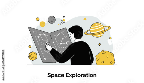 A male space exploration professional in a black jacket studies a complex star chart in a space-themed setting. Focused study of astronomical data in a futuristic space exploration environment.