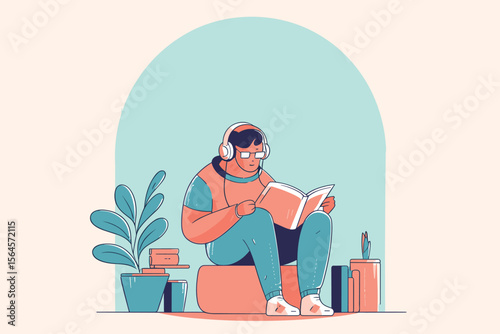 A modern artistic depiction of a person engrossed in reading, complemented by headphones and a cozy, decorative environment, emphasizing relaxation, concentration, and leisure in a minimalistic yet ae