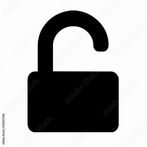 Simple black and white illustration of an unlocked padlock icon on isolated white background