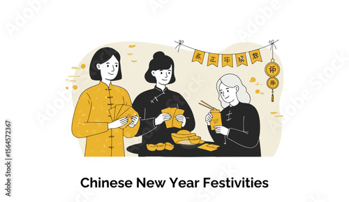 Young Asian women in traditional Chinese clothing exchanging red envelopes during Chinese New Year festivities. Female family members participating in a celebration at home.