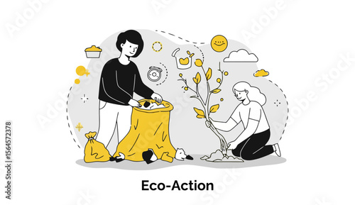 Young adults in casual clothing participate in eco-friendly action by collecting trash and planting a tree in a park setting.