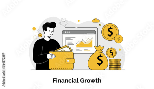 Young man in black shirt reviewing financial growth data with graphs, open wallet, and money symbols. Casual observer viewing financial instruments and assets in a modern setting.