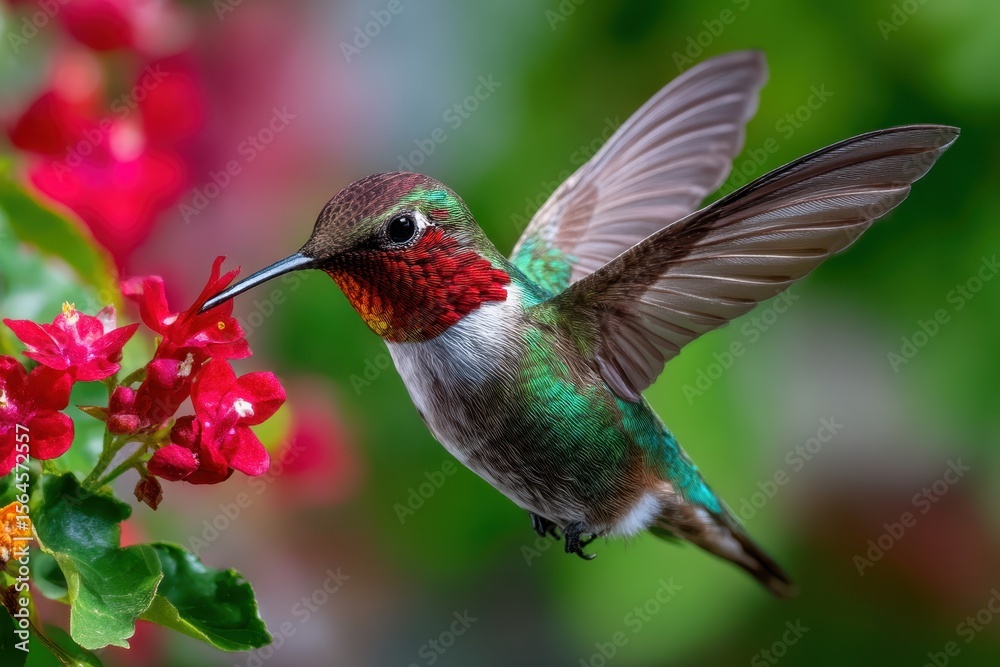 Fototapeta premium Hummingbird hovering near vibrant flowers in a lush garden during daylight