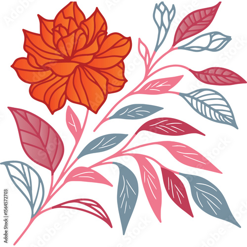 stylish botanical drawing with floral bloom and ornate leafy accents for fashion illustration and wall hangings

