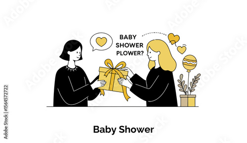Female friends exchanging a gift at a baby shower. Women in black clothing are exchanging a present in a simple, celebratory baby shower scene.