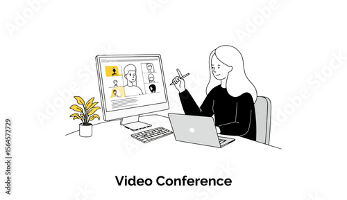 A young woman wearing a cozy black sweater is actively participating in a video conference call, speaking to her colleagues from her comfortable and professional home office.