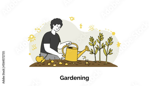 Young adult male gardening, watering plants in a garden setting. Hobbyist tending to seedlings with watering can in a stylized home garden.