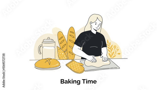 A young woman with blonde hair, in a black t-shirt, kneads dough at a kitchen counter with various types of bread and a container. Home baker kneading dough in a domestic kitchen setting.
