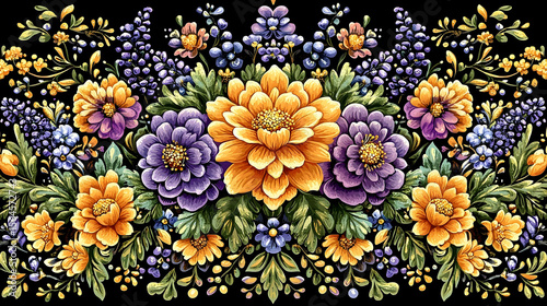 Ornate floral arrangement with vibrant yellow, purple, and blue