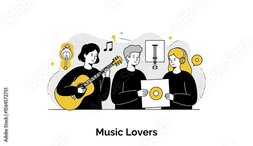A passionate group of young adult music lovers, dressed casually, are jamming together in a professional recording studio, playing guitars and singing into microphones.