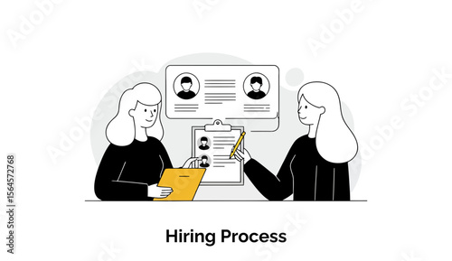 Female HR professionals reviewing candidate profiles in an office setting. Two women in black attire collaborate on the hiring process, examining resumes and application documents.