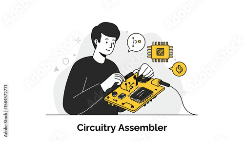 A young male circuitry assembler working on a circuit board in a modern workshop setting. Focused intently on the task at hand, with tools and components, the worker is in a professional setting.