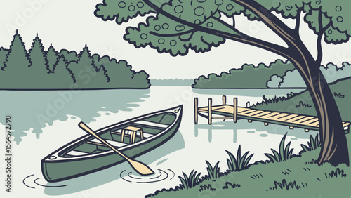 A serene lake scene featuring a canoe with paddle near a wooden dock and lush green trees around it