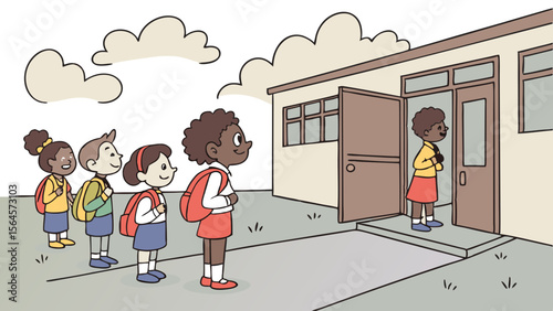 A group of school children with backpacks are waiting in line to enter the school building outdoors