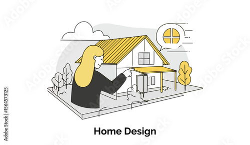 Female home designer examining a house design plan outdoors. A professional home designer, pointing at a house design, illustrating a home design concept in a residential setting.