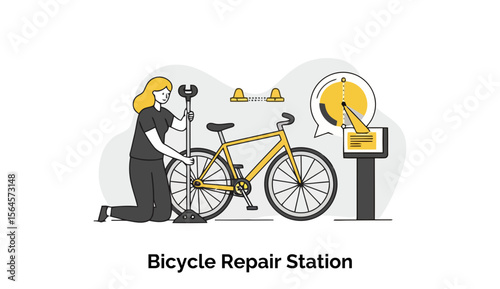 Female bicycle mechanic working on a bike at a repair station. A woman in casual clothing kneels and works on a bicycle with tools at a bicycle repair station.