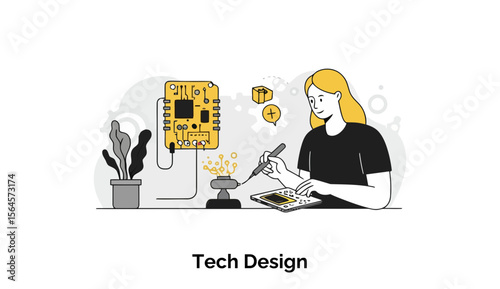 Young female tech designer working on circuit board in a modern lab setting. Focused on soldering components with a precise, skilled pose, a clean, modern lab environment.